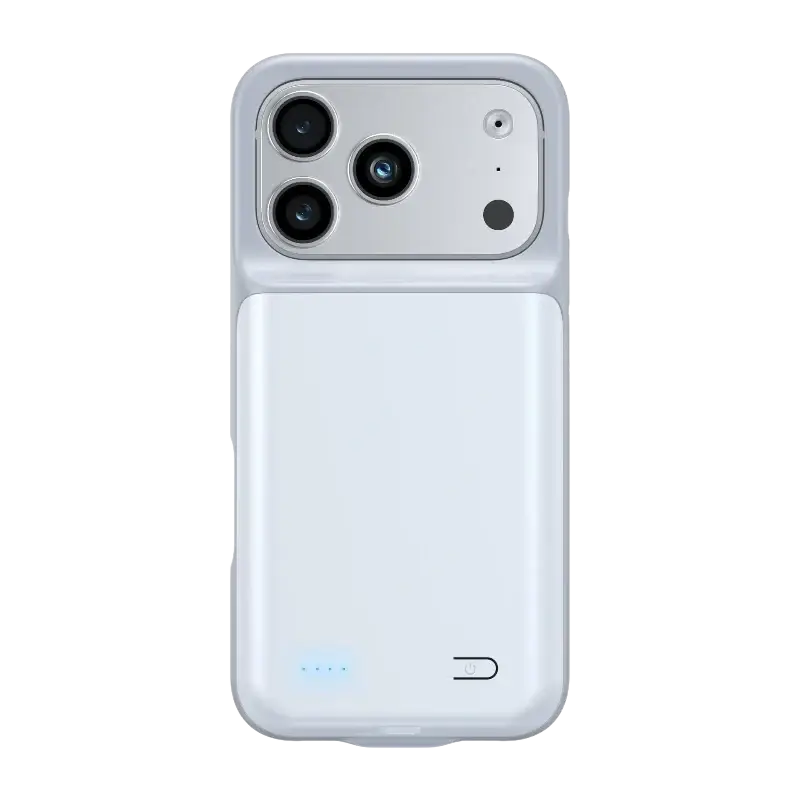 Back view of white wireless 10000mah battery case with sleek design and three camera lenses for iphone 17air 17pro 17promax