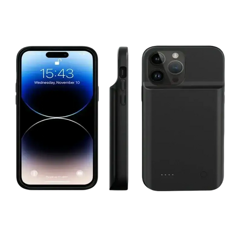 Black iphone 14 pro max with sleek matte-finish 10000mah battery case showing the back side and case feature