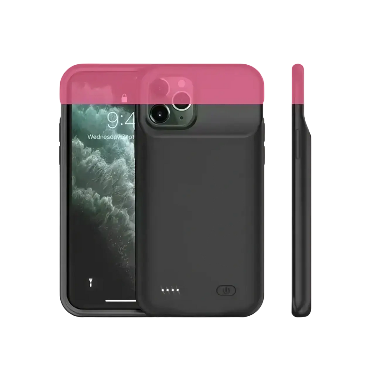 Black battery case for iPhone 12 Pro Max with 10000mAh capacity, sleek slim design, and visible charging indicator lights