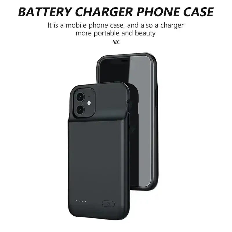 Black 10000mah battery case for iphone pro max with sleek minimalist design and integrated charging port at the bottom