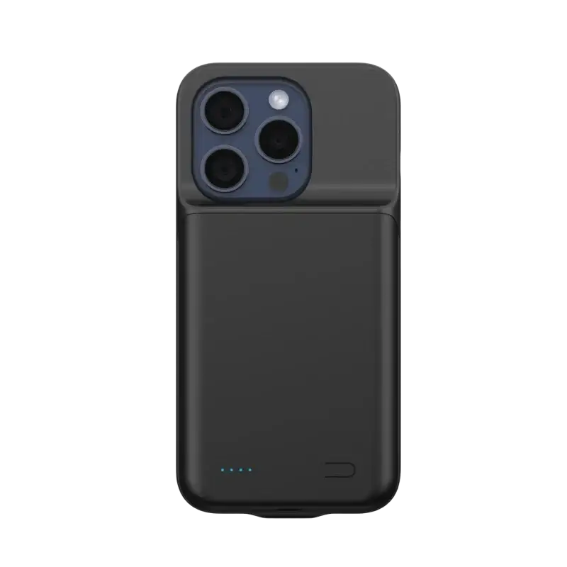 Black 10000mah battery case for iphone pro max with sleek matte finish and blue led indicators on the back side