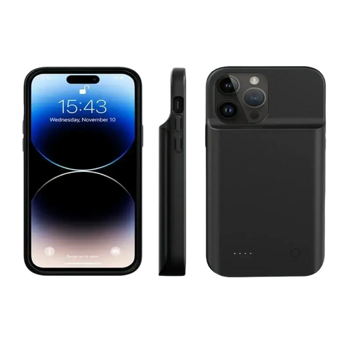 Black battery case with built-in 10000mah charger for iphone 11 12 13 15 pro max and mini models back view