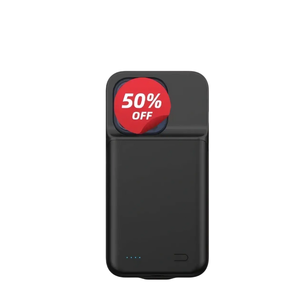 Black rectangular external battery case for iphone pro max with 10000mah capacity and 50 percent off sticker
