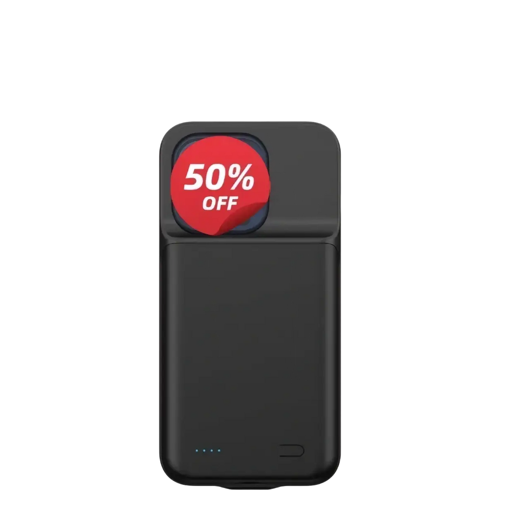 Black rectangular 10000mah battery case for iphone 13 pro max with blue led indicators and red 50 percent off sticker