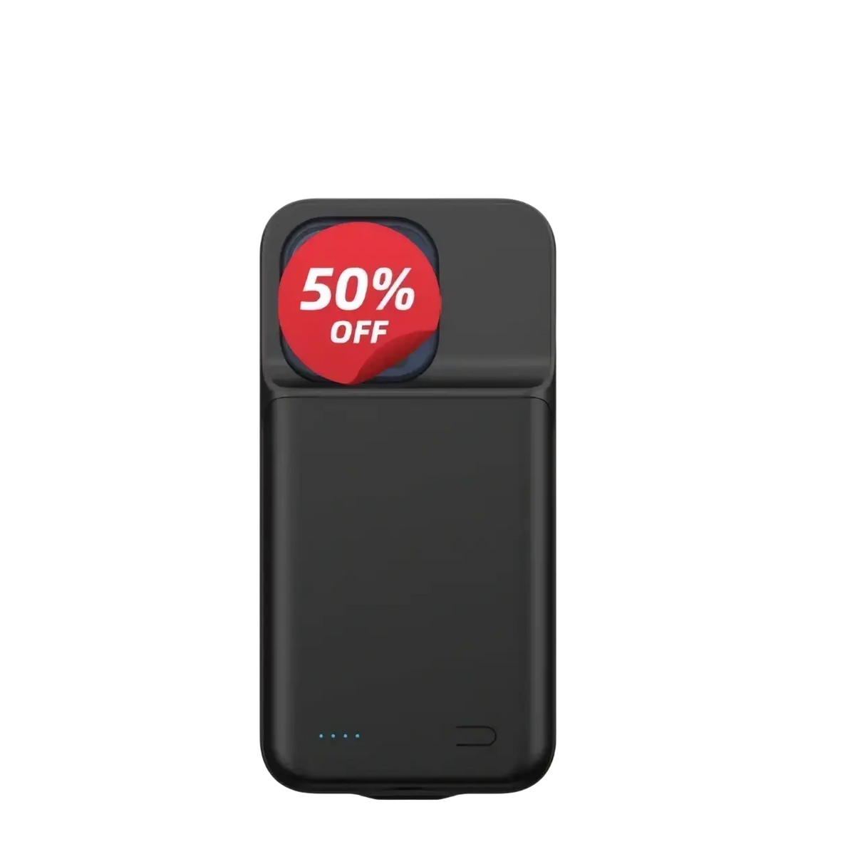 Black rectangular 10000mah battery case for iphone 13 pro max with blue led indicators and red 50 percent off sticker