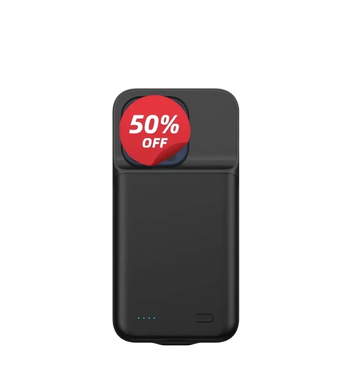 Black rectangular 10000mah battery case for iphone pro max with a red 50 percent off sticker on the top left corner