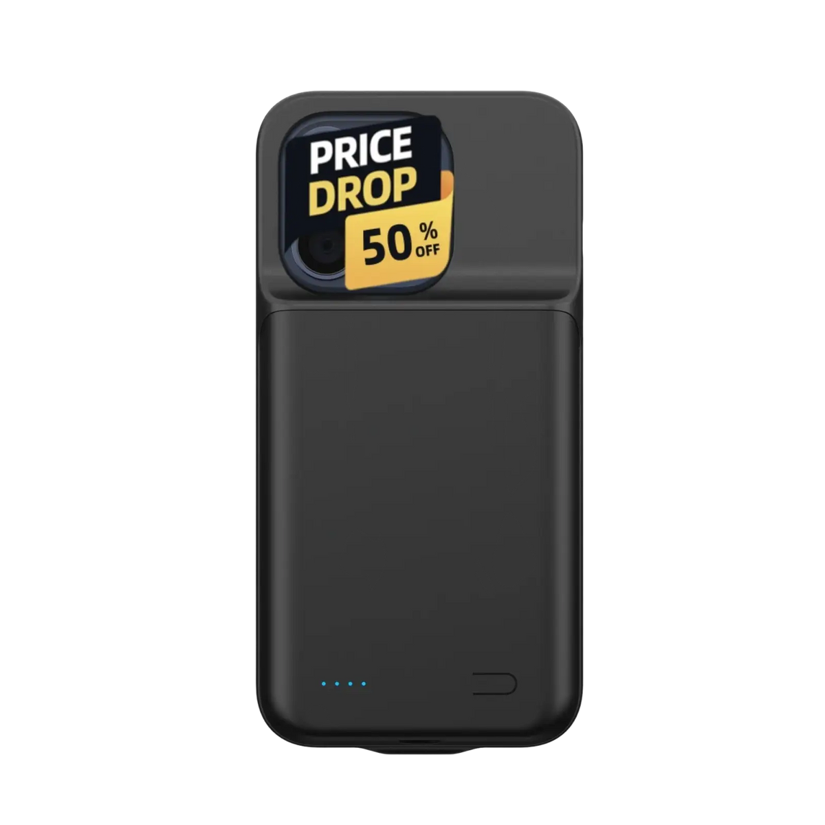 Black glossy 10000mAh battery case for iPhone Pro Max with price drop sticker showcasing case feature on top