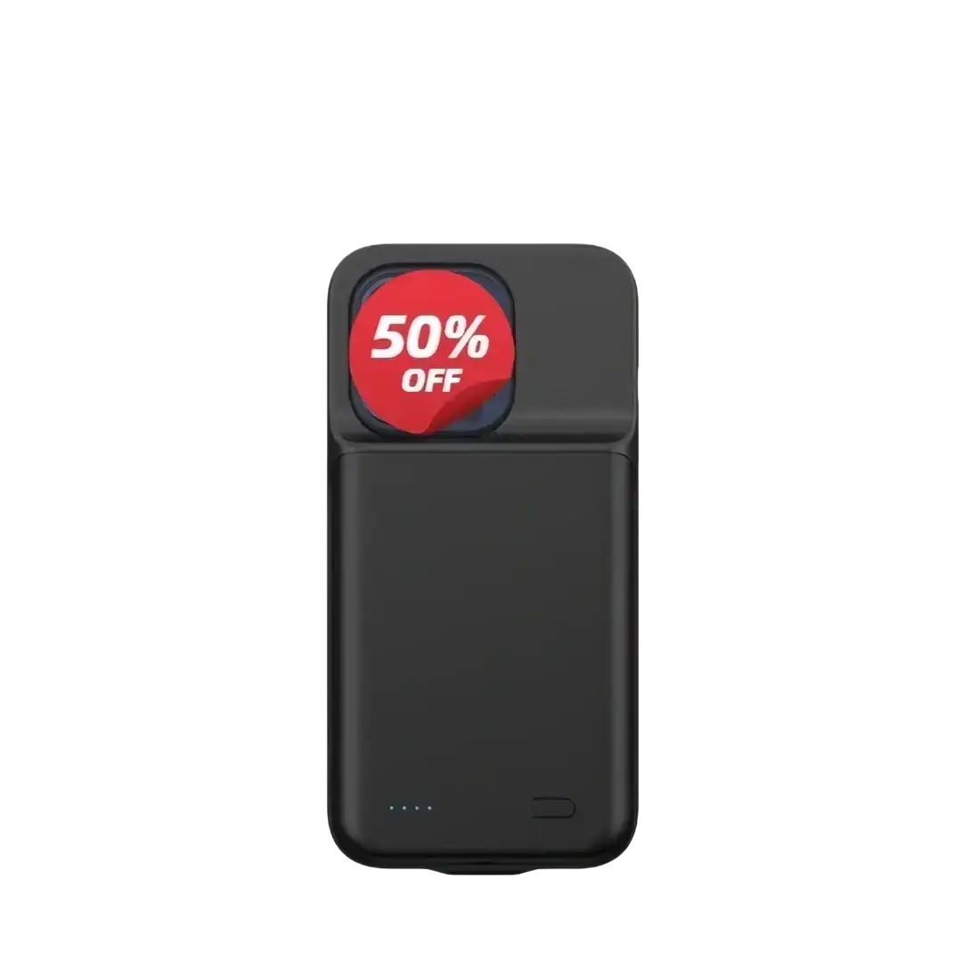 Black rectangular 10000mah battery case for iphone pro max with 50 percent off sticker showing case feature