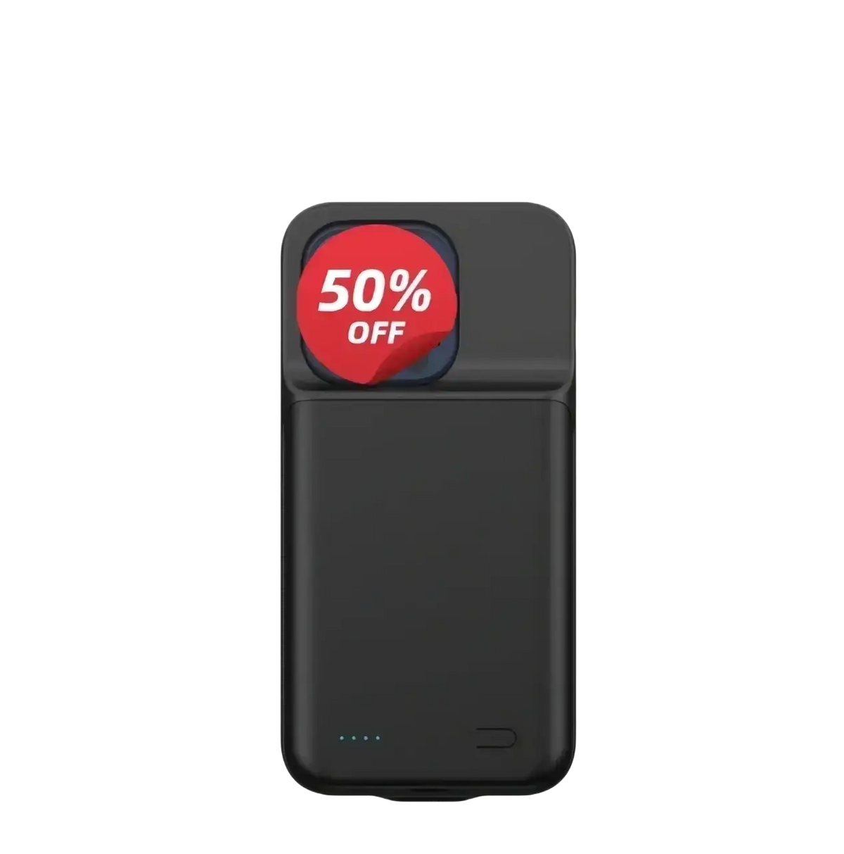 Black rectangular 10000mah battery case for iphone pro max with a red 50 percent off sticker on top left corner