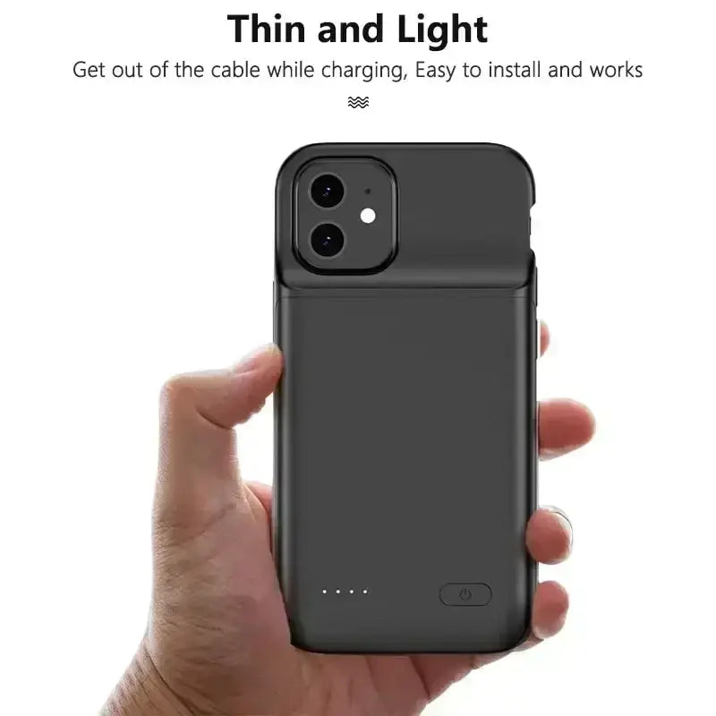 Black slim battery case for iphone pro max showing back side with dual-camera cutout and power button case feature