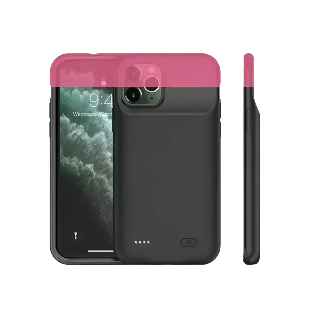 Pink and black dual-tone 10000mah battery case for iPhone pro max showing the back side with integrated battery pack