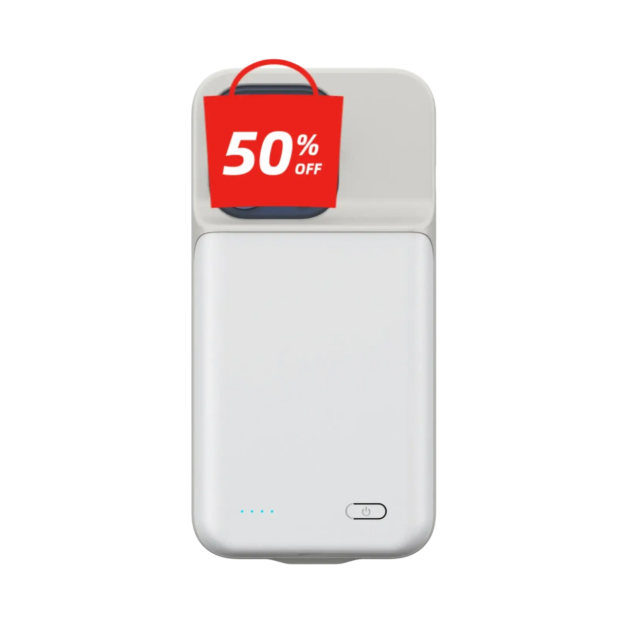 White rectangular wireless charging battery case for iPhone Pro Max with 10,000mah capacity and red 50 percent off tag