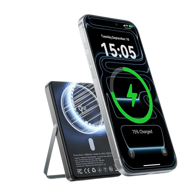 Black 10000mAh magnetic power bank with sleek metallic stand offering 15W wireless charging and 20W wired charging