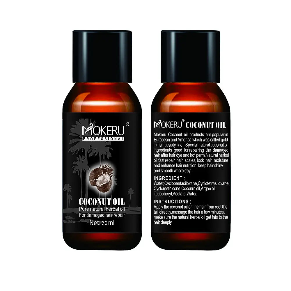 Dos frascos de vidrio ámbar del sérum reparador de aceite de coco Mokeru Professional para frizz y daño de 30 ml, con tapas negras y etiquetas con gráfico de palmera.