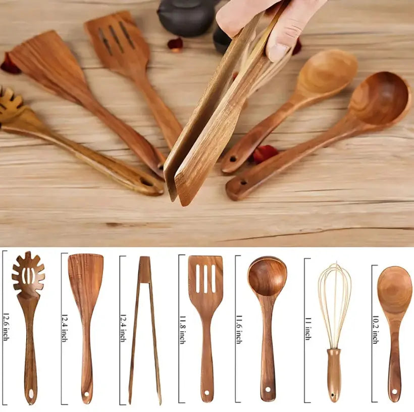 Set of seven wooden cooking utensils with natural wood grain finish including spatulas, spoons, tongs, and a whisk designed for non stick kitchen use.