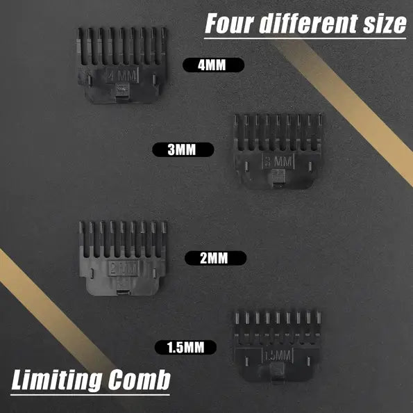 Schwarze Kunststoff-Limitierkämme in vier Größen von 4 mm, 3 mm, 2 mm und 1,5 mm für einen professionellen kabellosen Haarschneider und Bartschneider.