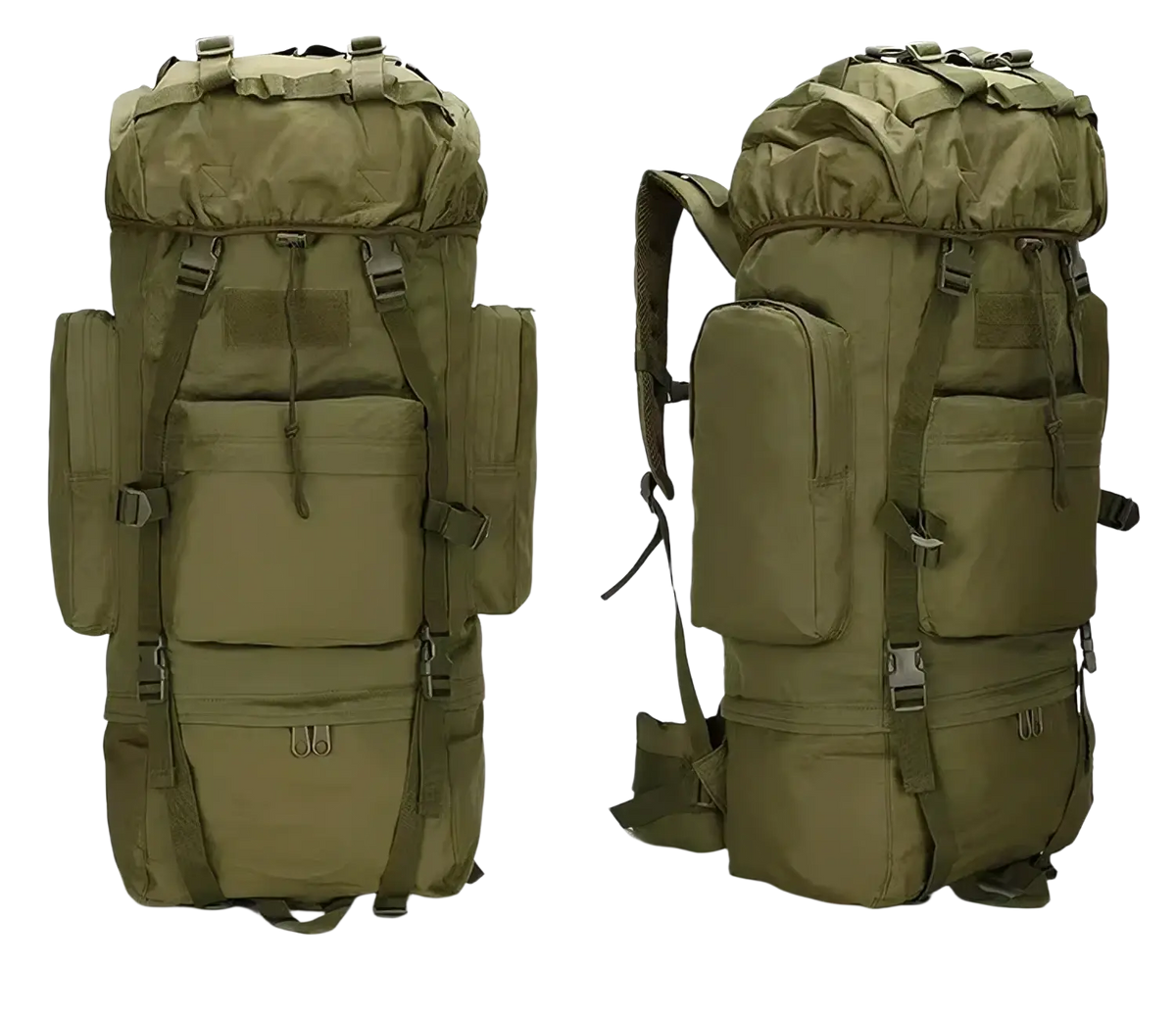 Army green 100l waterproof tactical hiking backpack with multiple compartments and adjustable straps visible from the back