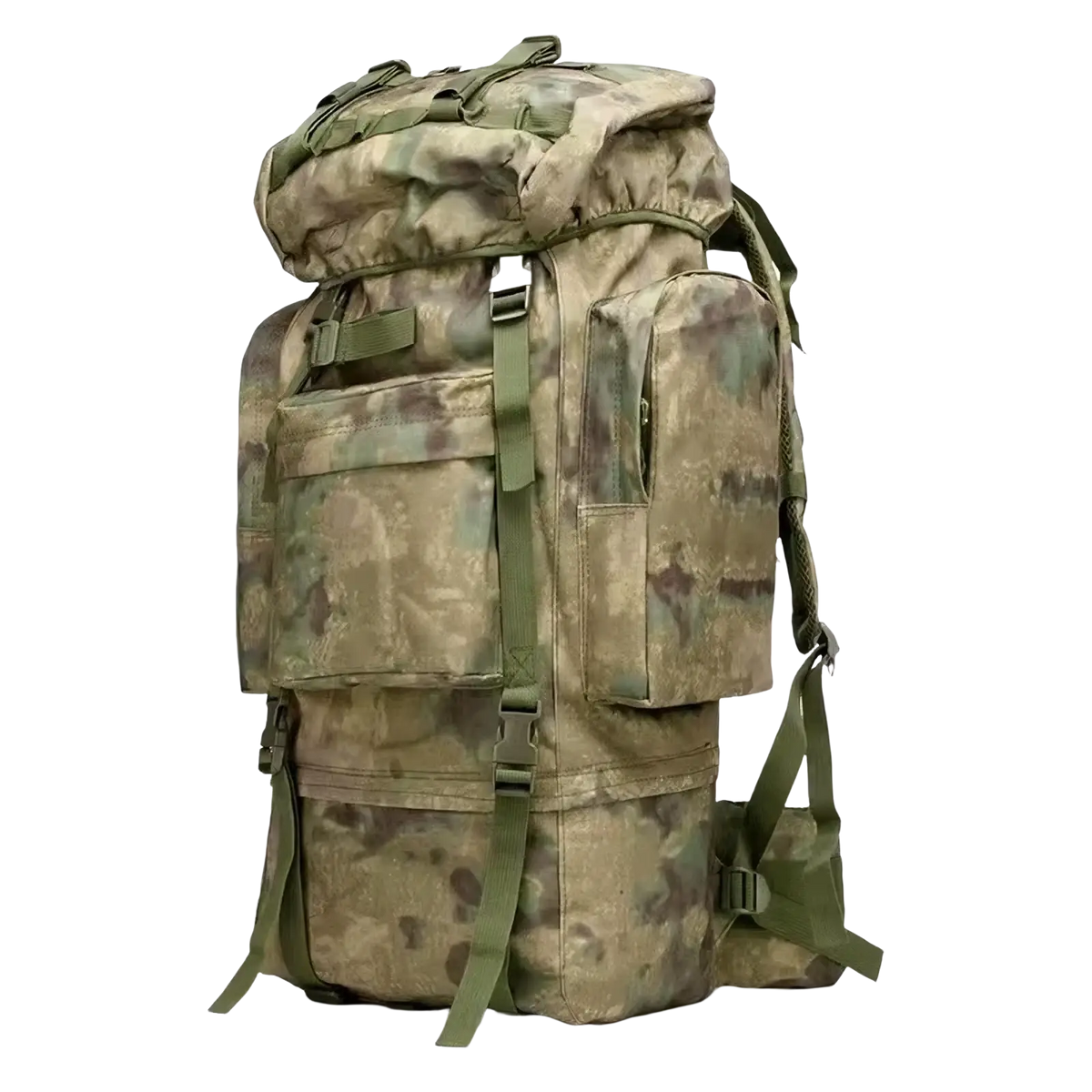 Camouflage pattern 100l waterproof tactical hiking backpack with olive green straps and multiple external pockets