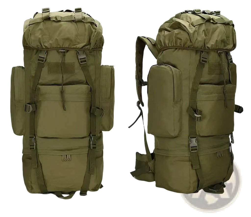 Army green 100l waterproof tactical hiking backpack with multiple compartments and adjustable straps visible from the back