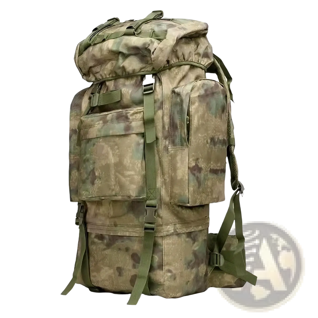 Camouflage pattern 100l waterproof tactical hiking backpack with olive green straps and multiple external pockets