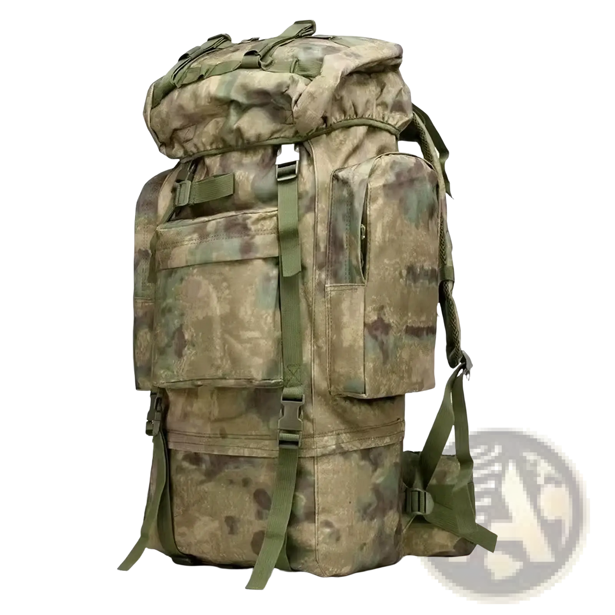 Camouflage pattern 100l waterproof tactical hiking backpack with olive green straps and multiple external pockets