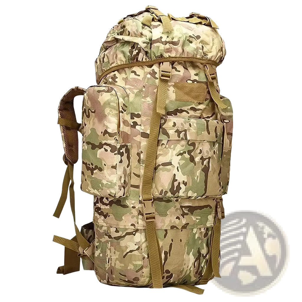 100l waterproof tactical hiking backpack in multicam pattern with tan and olive green accents and multiple external pockets