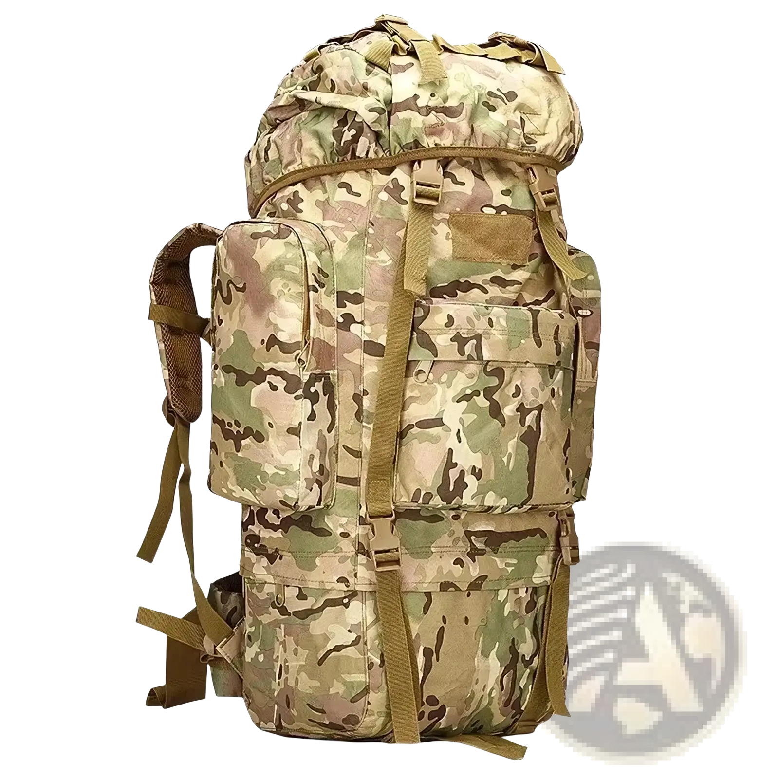 100l waterproof tactical hiking backpack in multicam pattern with tan and olive green accents and multiple external pockets