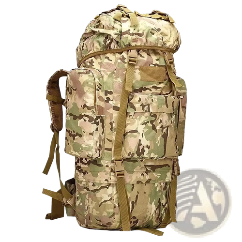 100l waterproof tactical hiking backpack in multicam pattern with tan and olive green accents and multiple external pockets