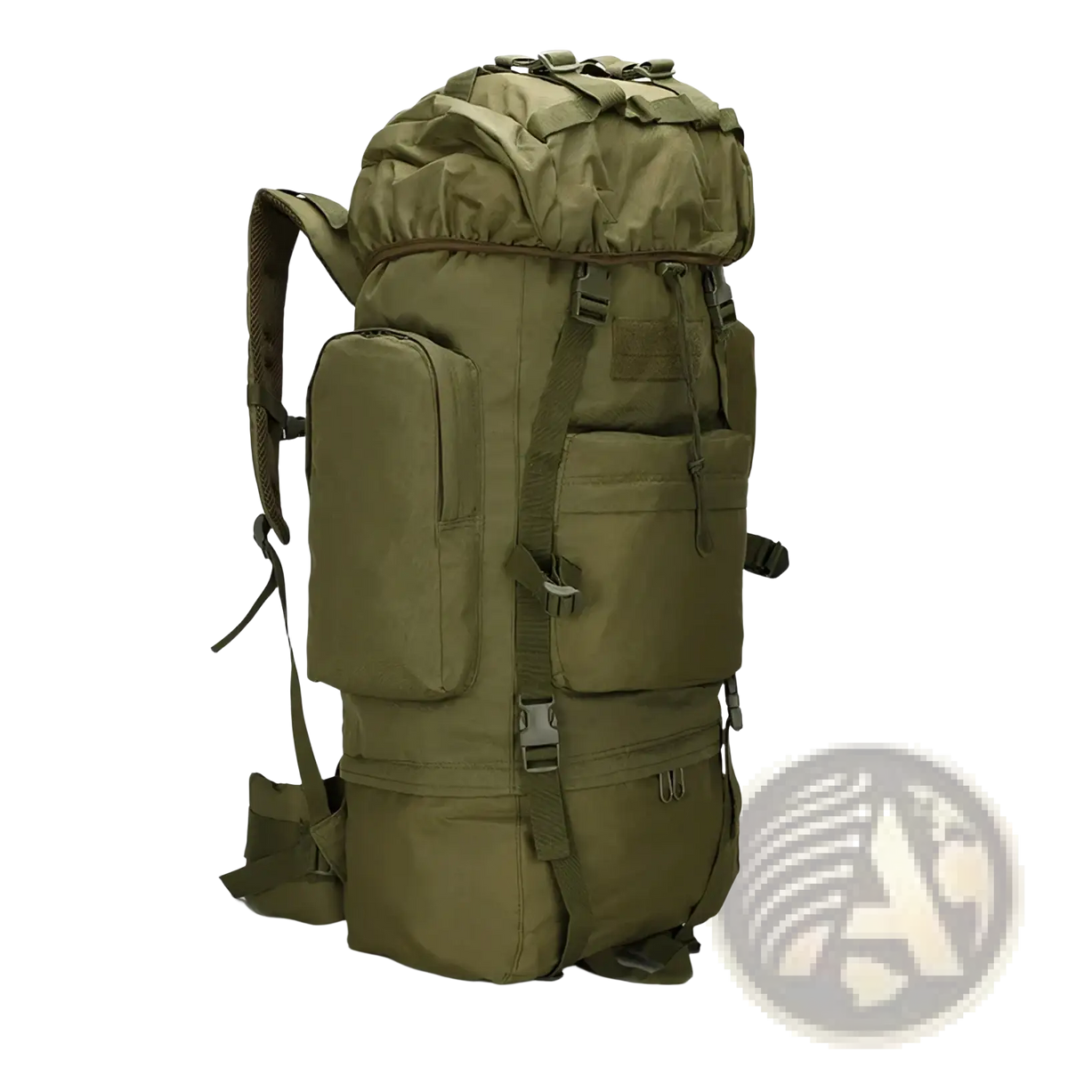 Olive green 100l waterproof tactical hiking backpack with multiple compartments and adjustable straps and durable material