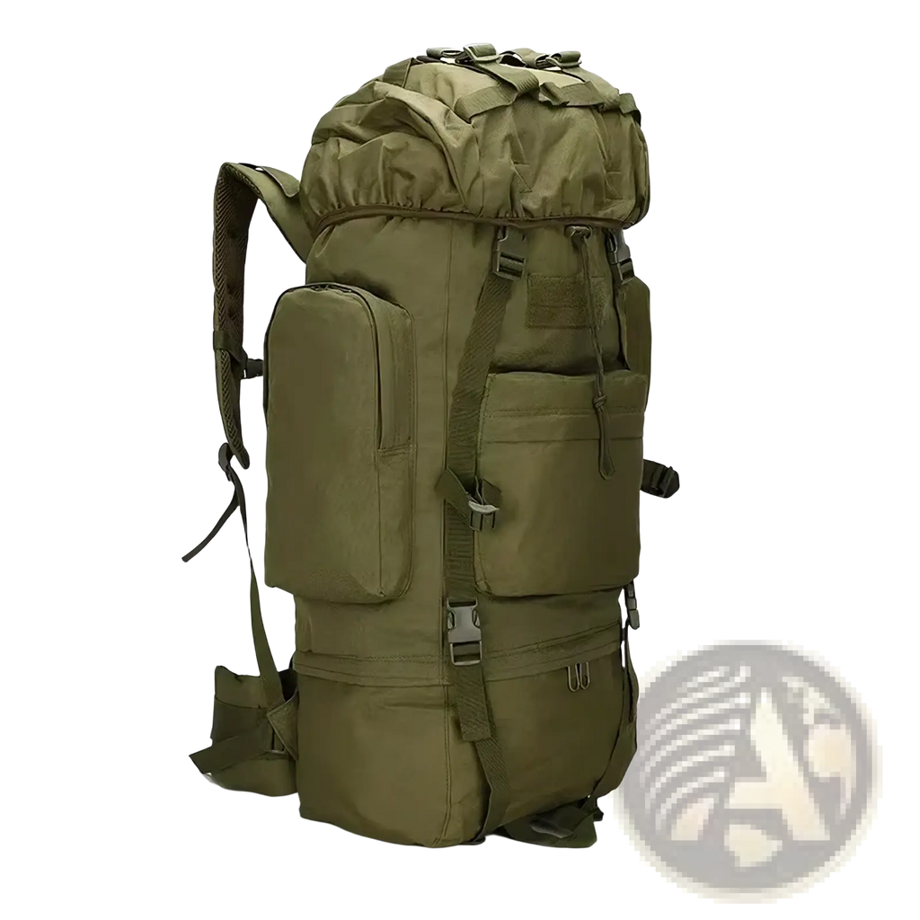 Olive green 100l waterproof tactical hiking backpack with multiple compartments and adjustable straps shown from back side