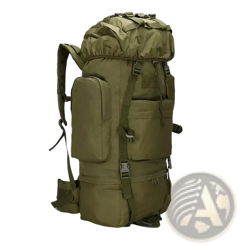Olive green 100l waterproof tactical hiking backpack with multiple compartments and adjustable straps shown from back side