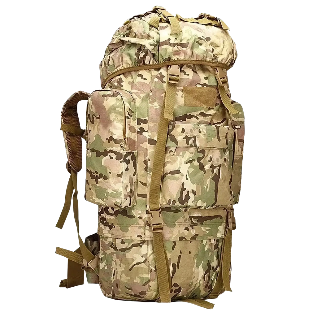 100l waterproof tactical hiking backpack in multicam pattern with tan and olive green accents and multiple external pockets