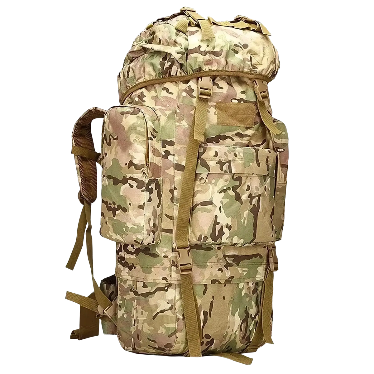 100l waterproof tactical hiking backpack in multicam pattern with tan and olive green accents and multiple external pockets