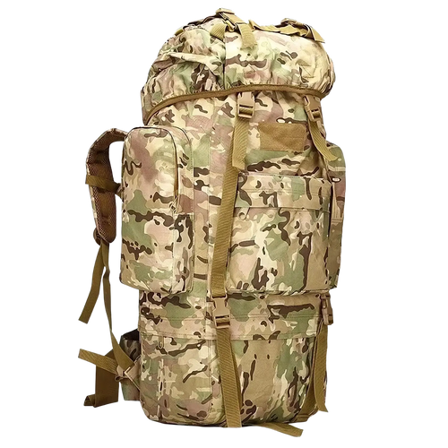 100l waterproof tactical hiking backpack in multicam pattern with tan and olive green accents and multiple external pockets