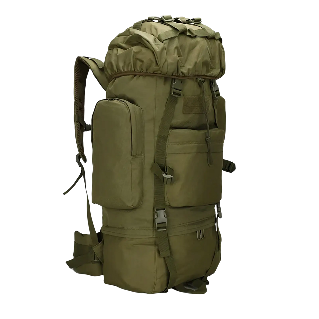 Olive green 100l waterproof tactical hiking backpack with multiple compartments and adjustable straps and durable material