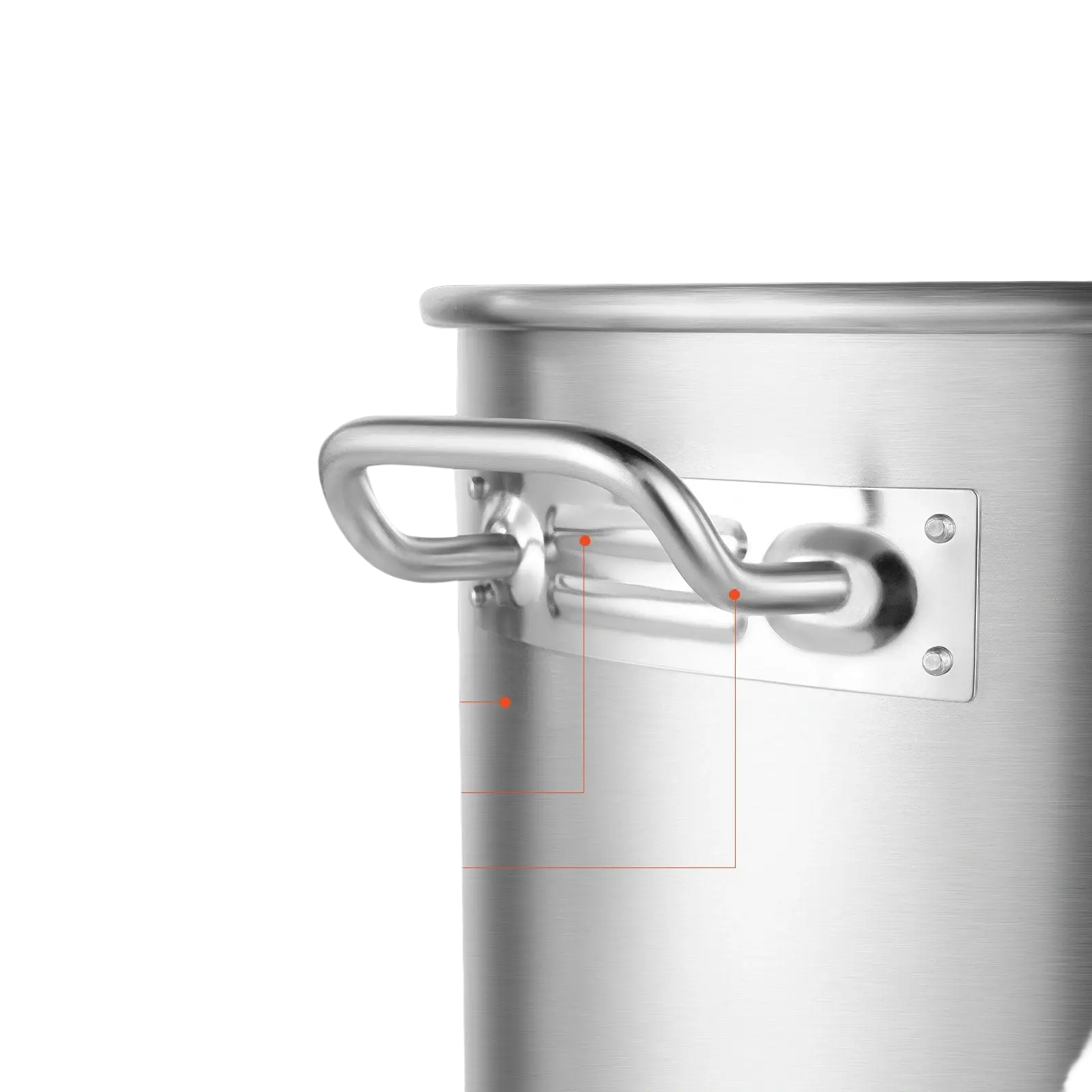 Stainless steel 100qt stockpot with riveted handles and screw-secured attachment for secure use with strainer basket