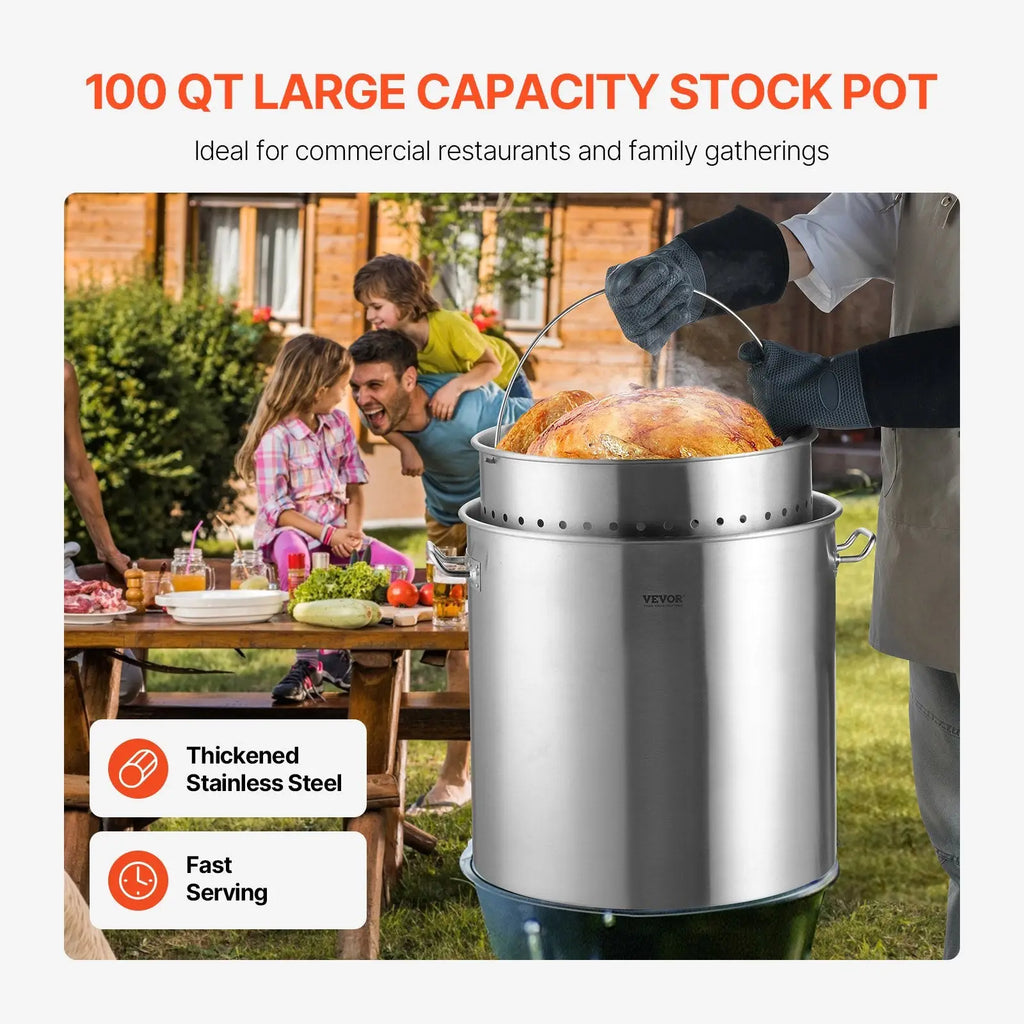 100qt stainless steel stockpot with thickened construction and perforated strainer basket for large capacity cooking