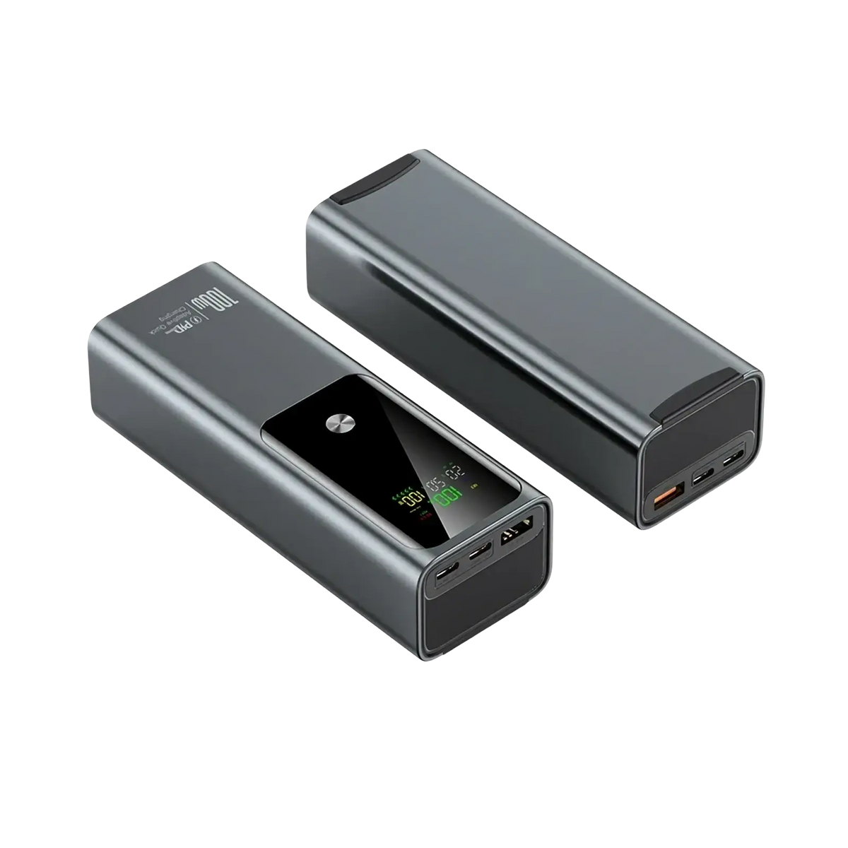 Black rectangular 100w 20000mah laptop power bank with digital display screen and multiple usb ports for fast charging