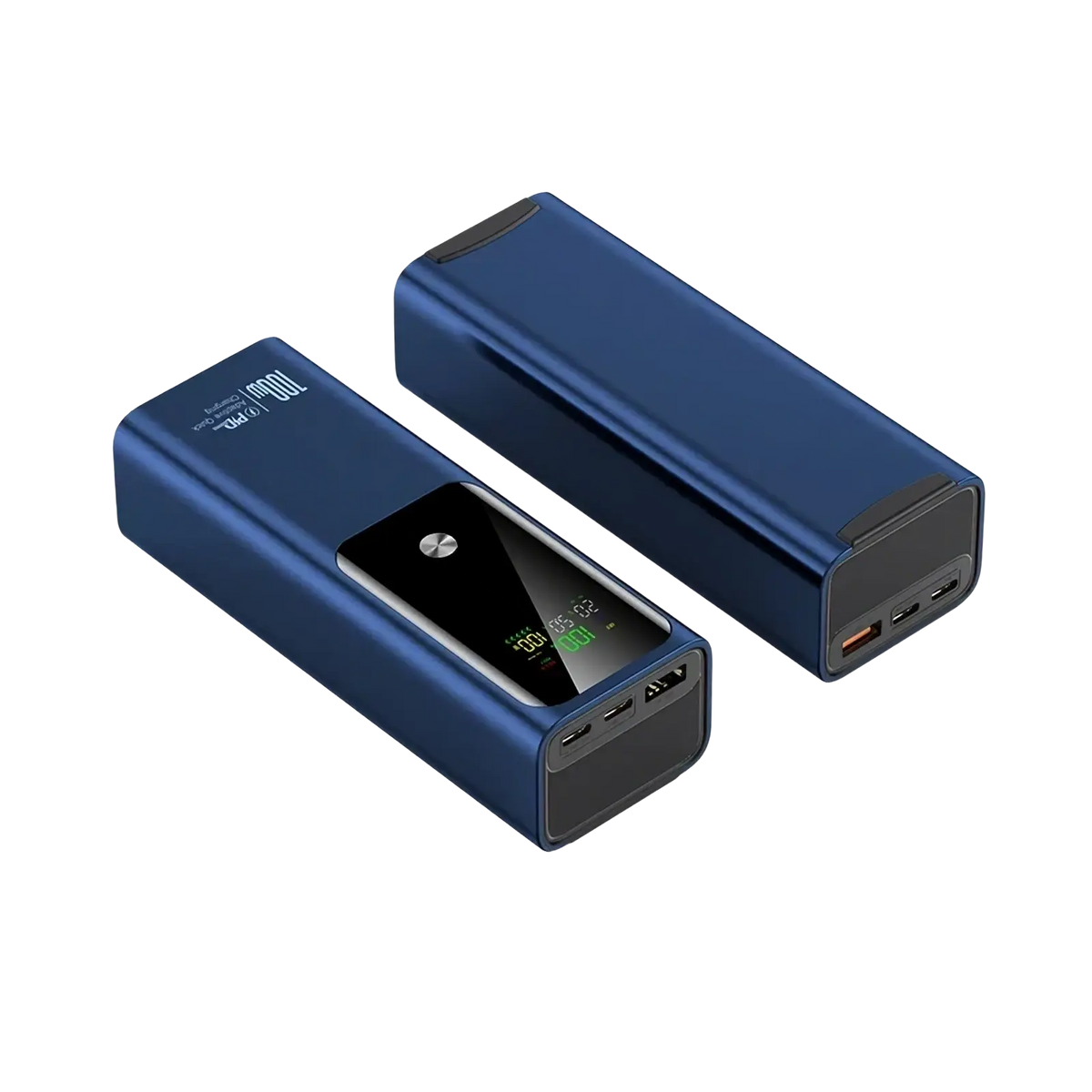 Blue rectangular 100w 20000mah laptop power bank with digital display screen and multiple usb ports for fast charging