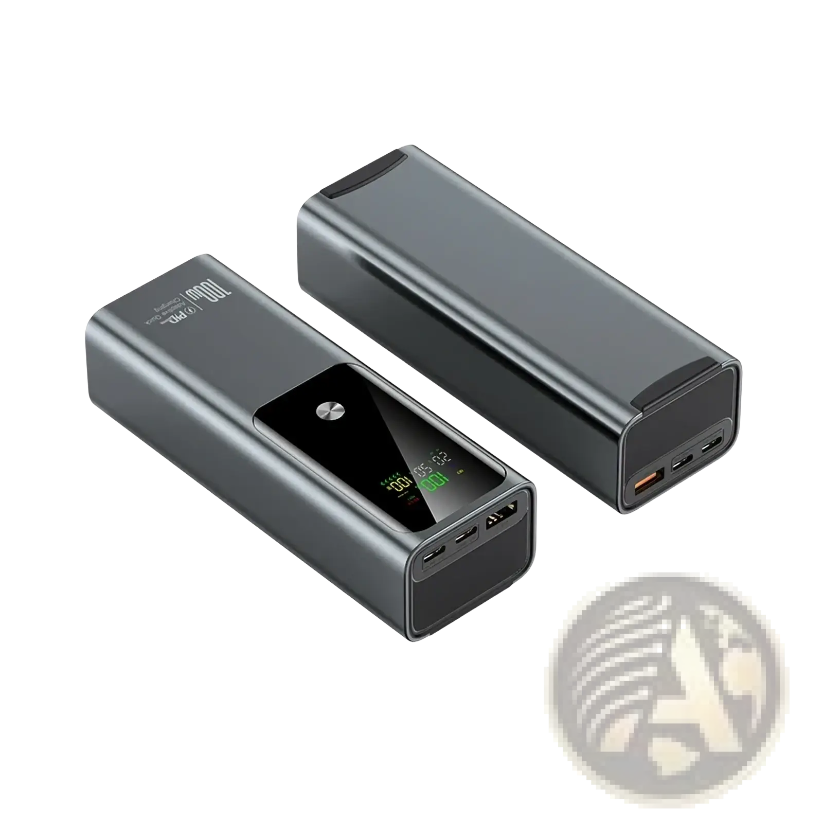 Black rectangular 100w 20000mah laptop power bank with digital display screen and multiple usb ports for fast charging