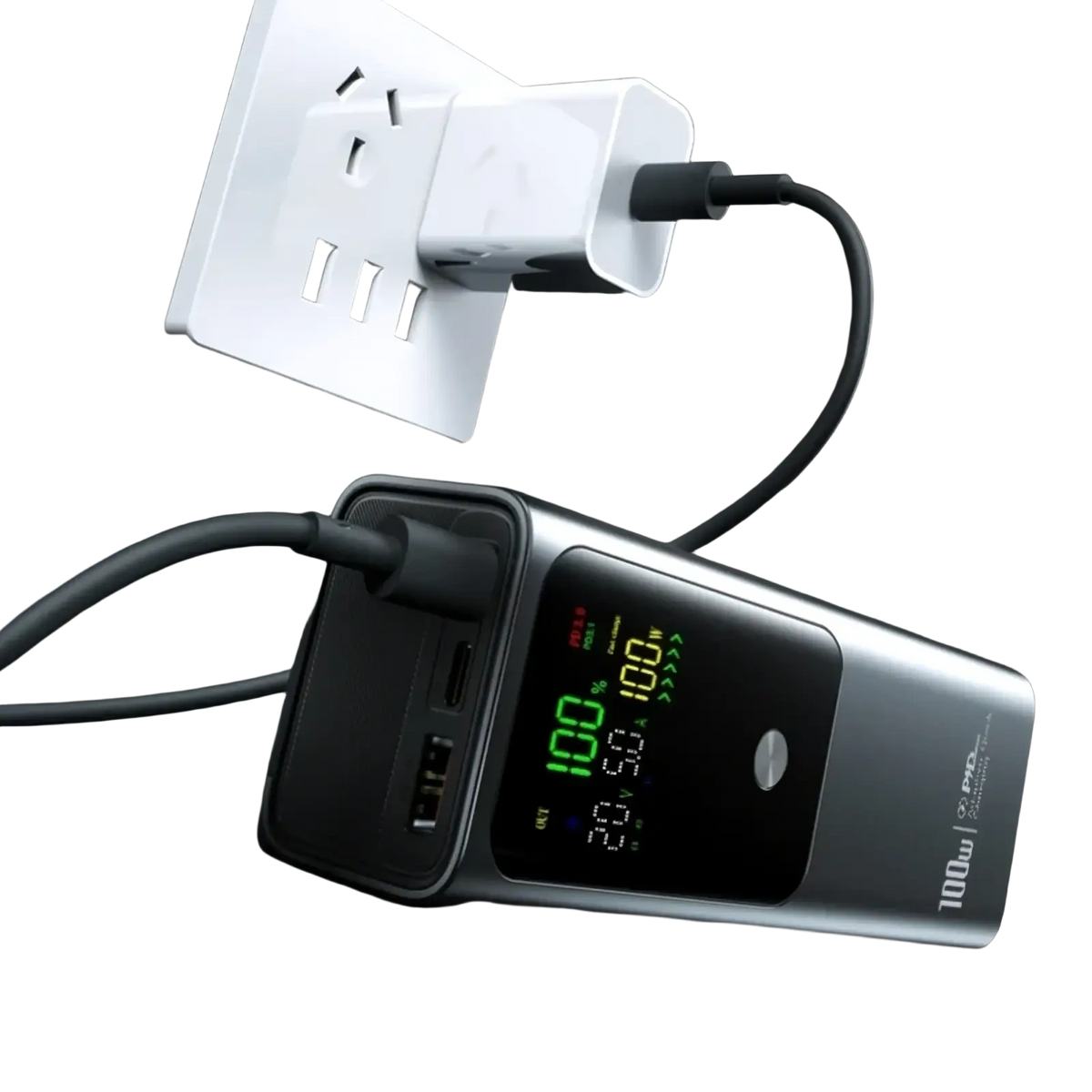 Silver and black 100w 20000mah laptop power bank with digital display two-way fast charge portable charger