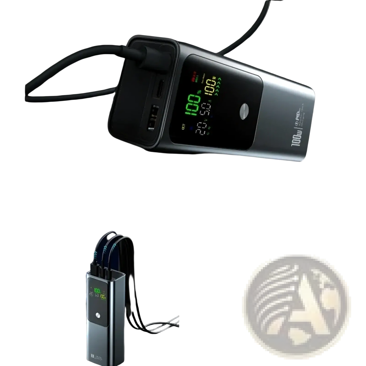 Silver metallic 100w bidirectional laptop power bank with 20000mah capacity and digital display fast charger