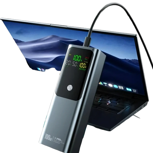 Silver metallic 100w usb-c power delivery adapter with digital display showing charging status and voltage for laptop fast charging