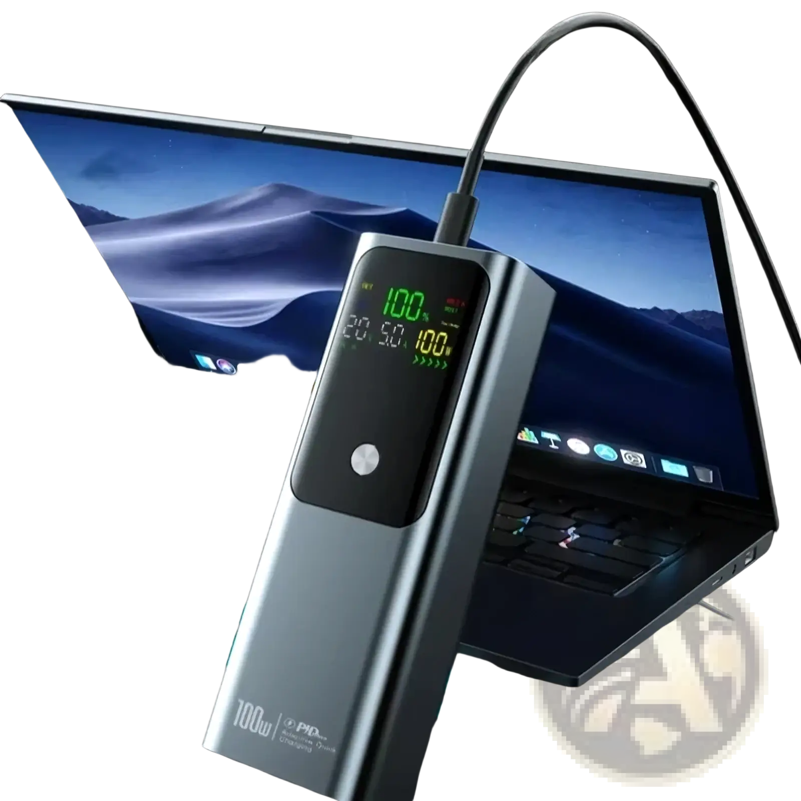 Silver metallic 100w usb-c power delivery adapter with digital display showing charging status and voltage for laptop fast charging