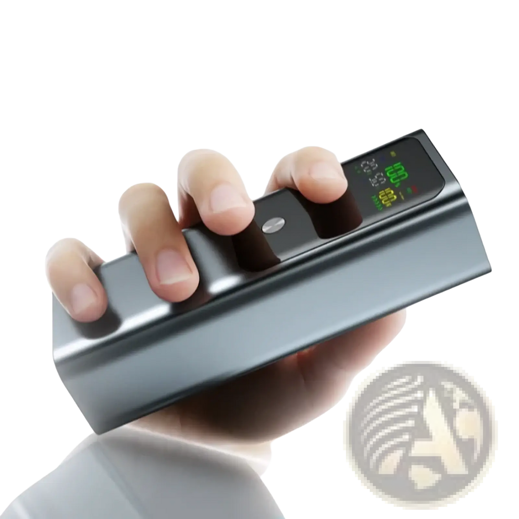A sleek matte black 100w 20000mah laptop power bank fast charger with a digital display showing green and red numbers