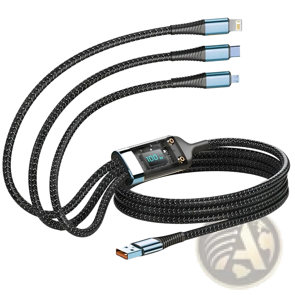 Black nylon braided 100w 3-in-1 fast charging cable with digital display and usb-a lightning type-c connectors