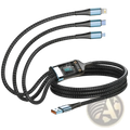 Black nylon braided 100w 3-in-1 fast charging cable with digital display and usb-a lightning type-c connectors