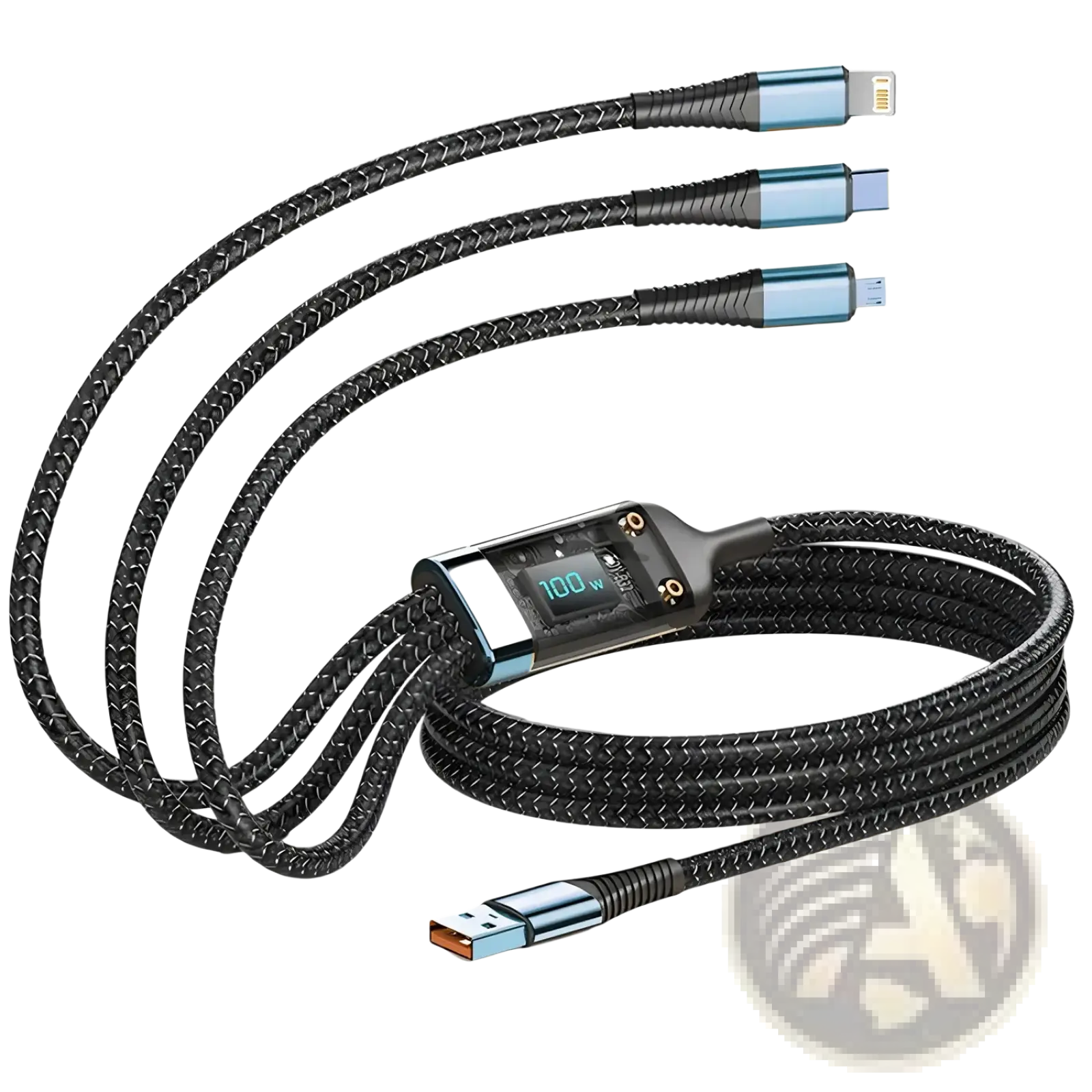 Black nylon braided 100w 3-in-1 fast charging cable with digital display and usb-a lightning type-c connectors
