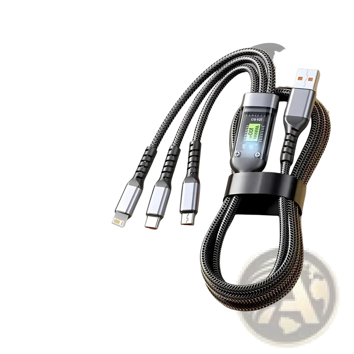 Black braided 100w fast charging nylon cable with digital display and three connectors for iphone android and type-c devices