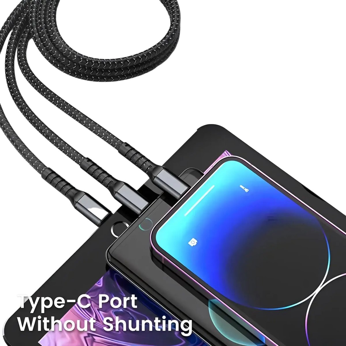 Black braided usb-c 3-in-1 fast charging cable with reinforced nylon connectors and 100w power capacity